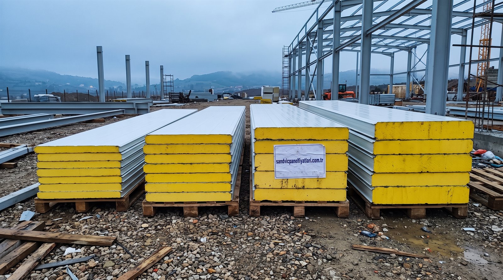 Farklı kalınlıkta sandviç panel paketleri yan yana, kesit uçları görünür